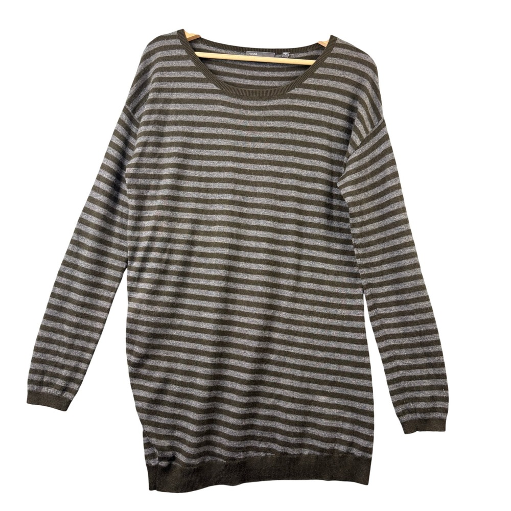 Vince 100% Cashmere Medium Striped Scoop Neck Pullover Sweater Olive Green Gray